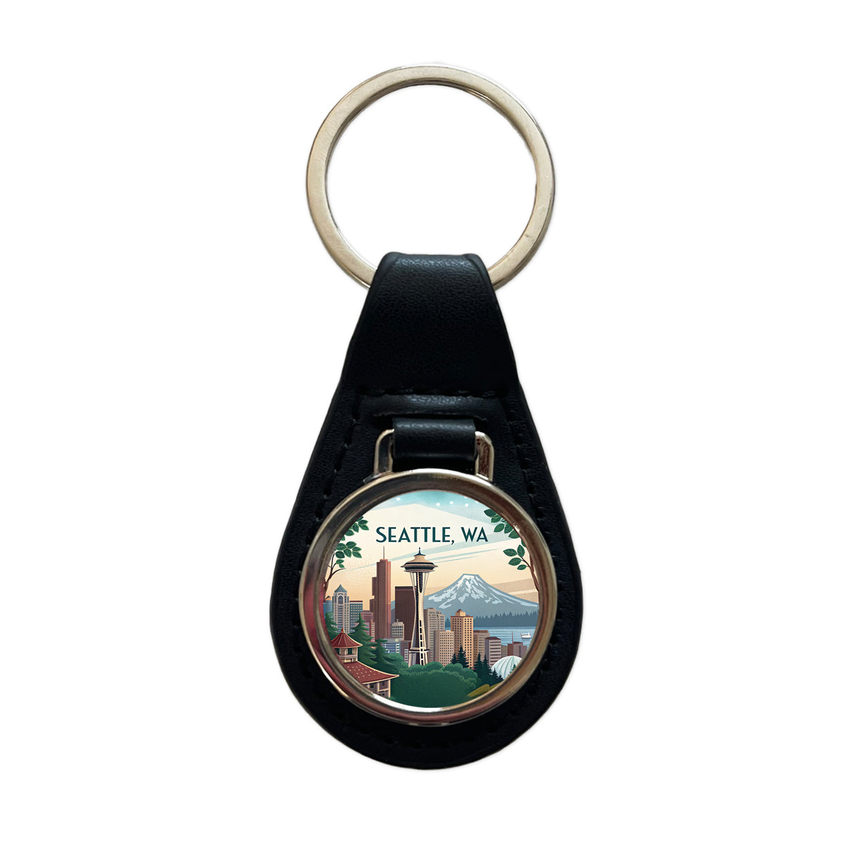 Seattle, Washington WA Travel City State Stamp Black Leather Metal Keychain