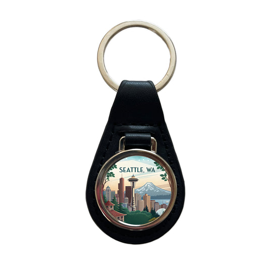 Seattle, Washington WA Travel City State Stamp Black Leather Metal Keychain