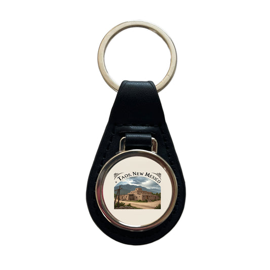 Taos, New Mexico NM Travel City State Stamp Black Leather Metal Keychain