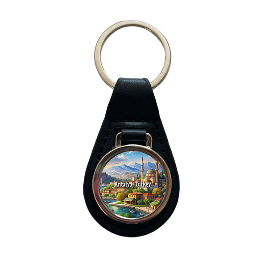 Antalya, Turkey Travel City Country Stamp Black Leather Metal Keychain