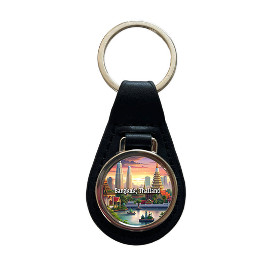 Bangkok, Thailand Travel City Country Stamp Black Leather Metal Keychain