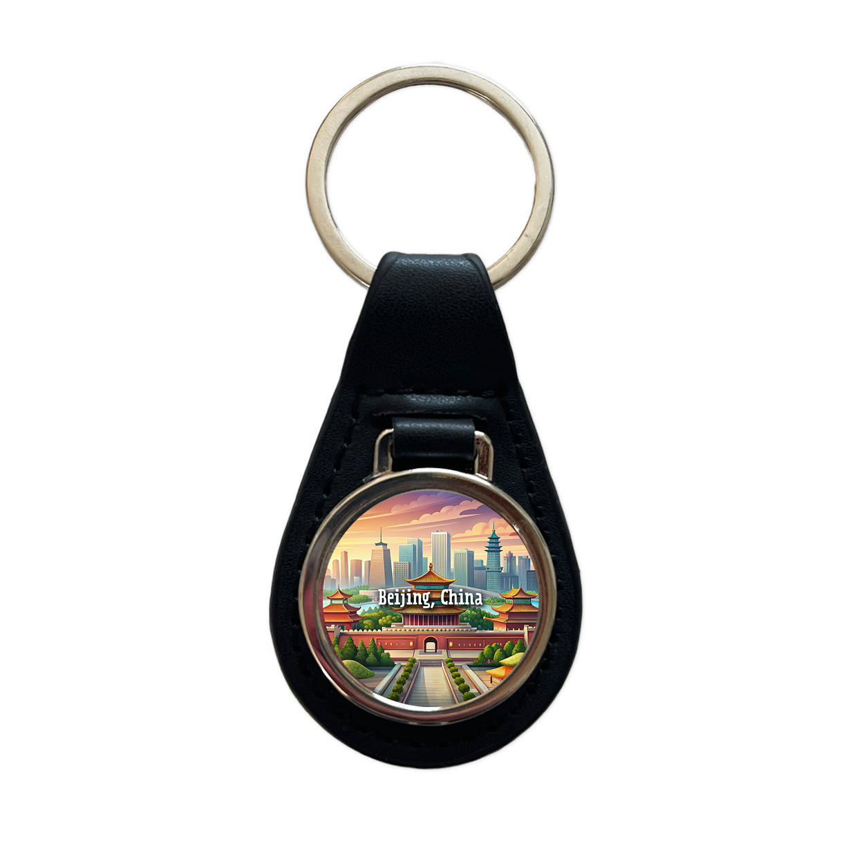 Beijing, China Travel City Country Stamp Black Leather Metal Keychain