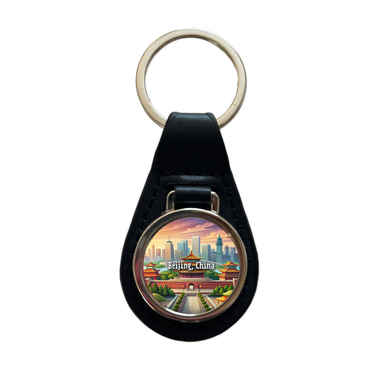 Beijing, China Travel City Country Stamp Black Leather Metal Keychain