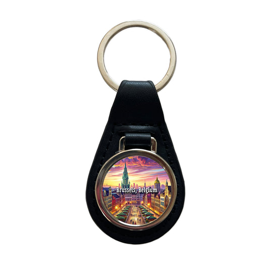 Brussels, Belgium Travel City Country Stamp Black Leather Metal Keychain