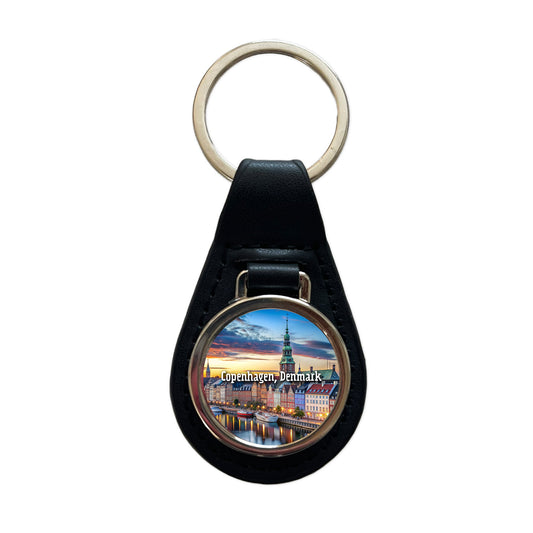 Copenhagen, Denmark Travel City Country Stamp Black Leather Metal Keychain