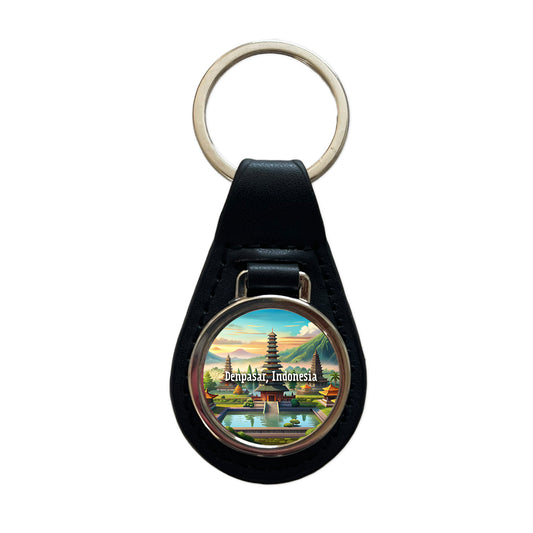 Denpasar, Indonesia Travel City Country Stamp Black Leather Metal Keychain