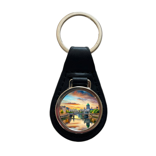 Dublin, Ireland Travel City Country Stamp Black Leather Metal Keychain