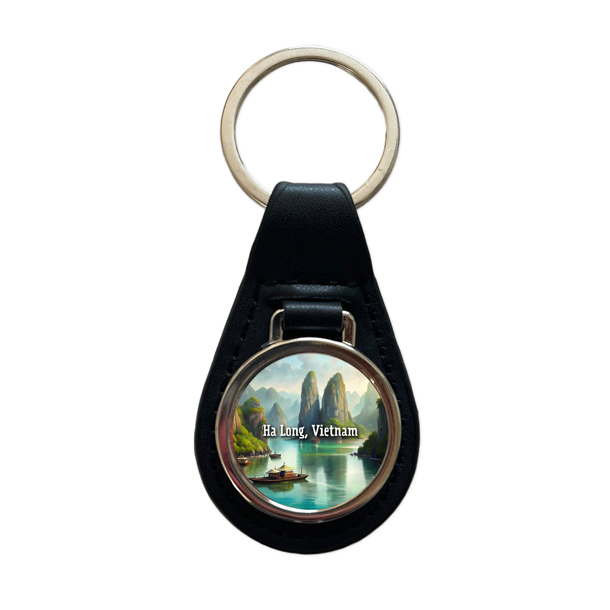 Ha Long, Vietnam Travel City Country Stamp Black Leather Metal Keychain
