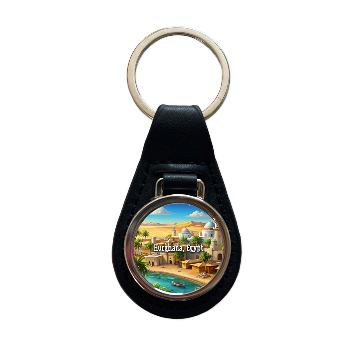 Hurghada, Egypt Travel City Country Stamp Black Leather Metal Keychain