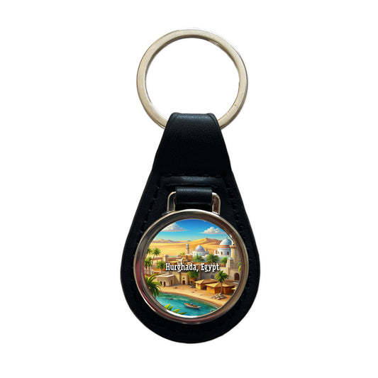 Hurghada, Egypt Travel City Country Stamp Black Leather Metal Keychain