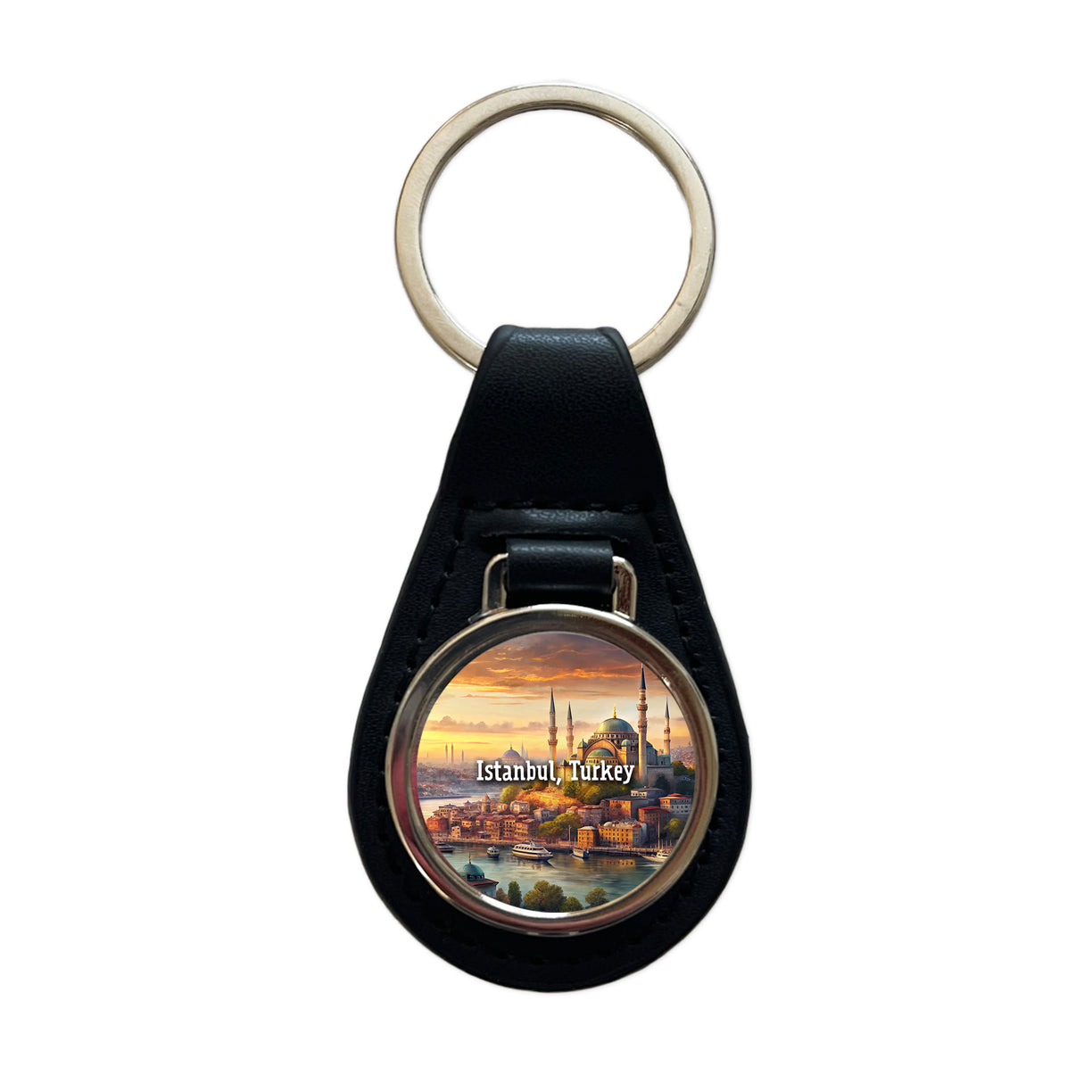 Istanbul, Turkey Travel City Country Stamp Black Leather Metal Keychain