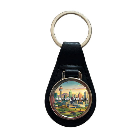 Johannesburg, South Africa Travel City Country Stamp Black Leather Metal Keychain