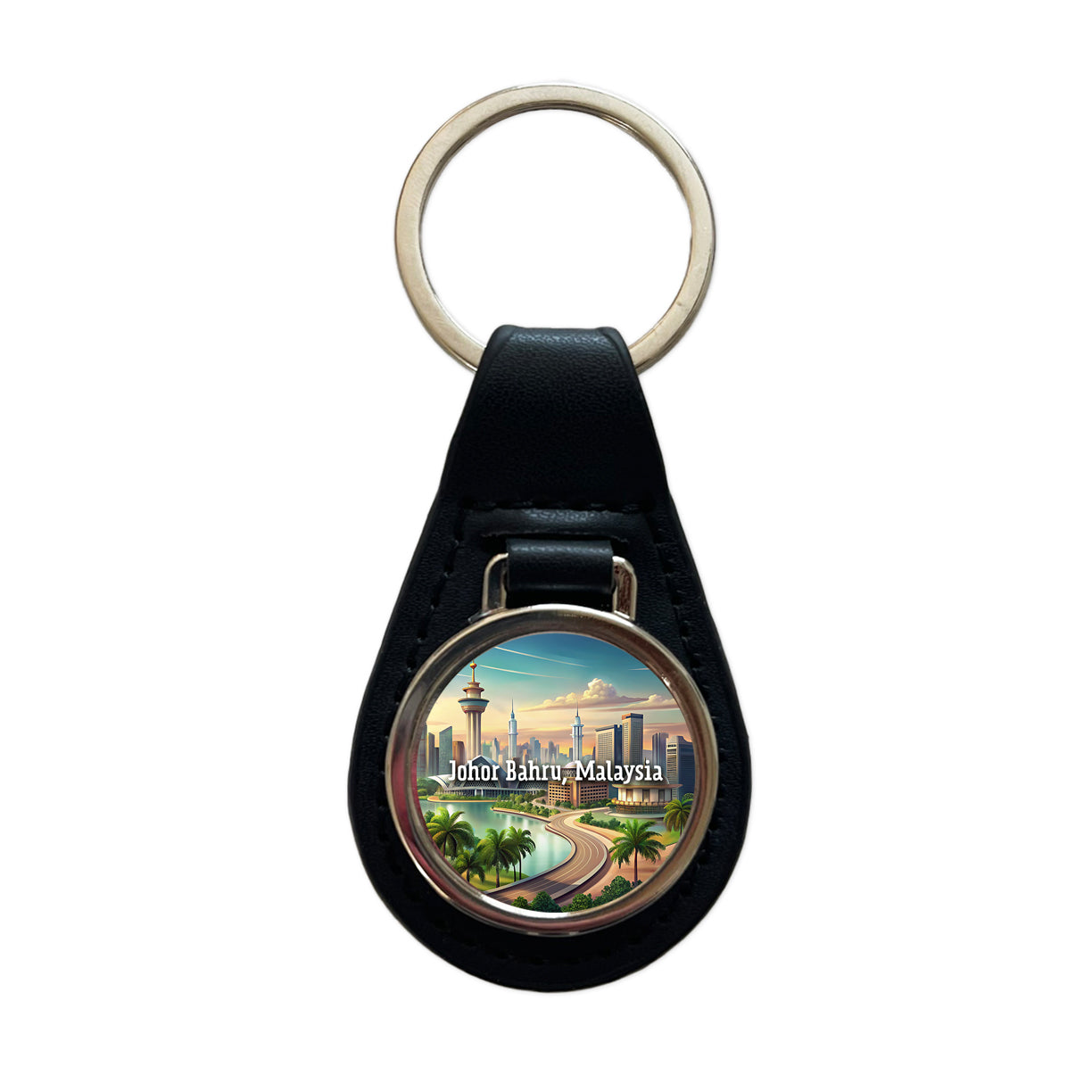 Johor Bahru, Malaysia Travel City Country Stamp Black Leather Metal Keychain