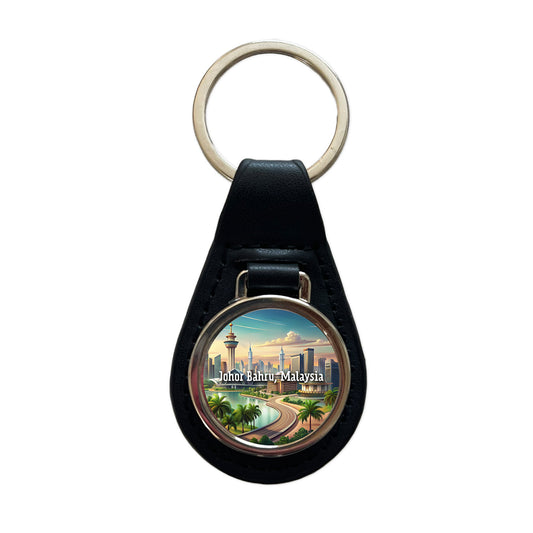 Johor Bahru, Malaysia Travel City Country Stamp Black Leather Metal Keychain