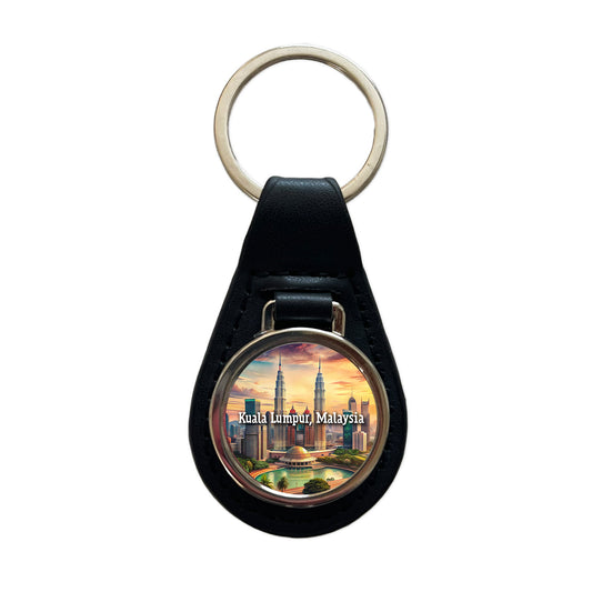 Kuala Lumpur, Malaysia Travel City Country Stamp Black Leather Metal Keychain