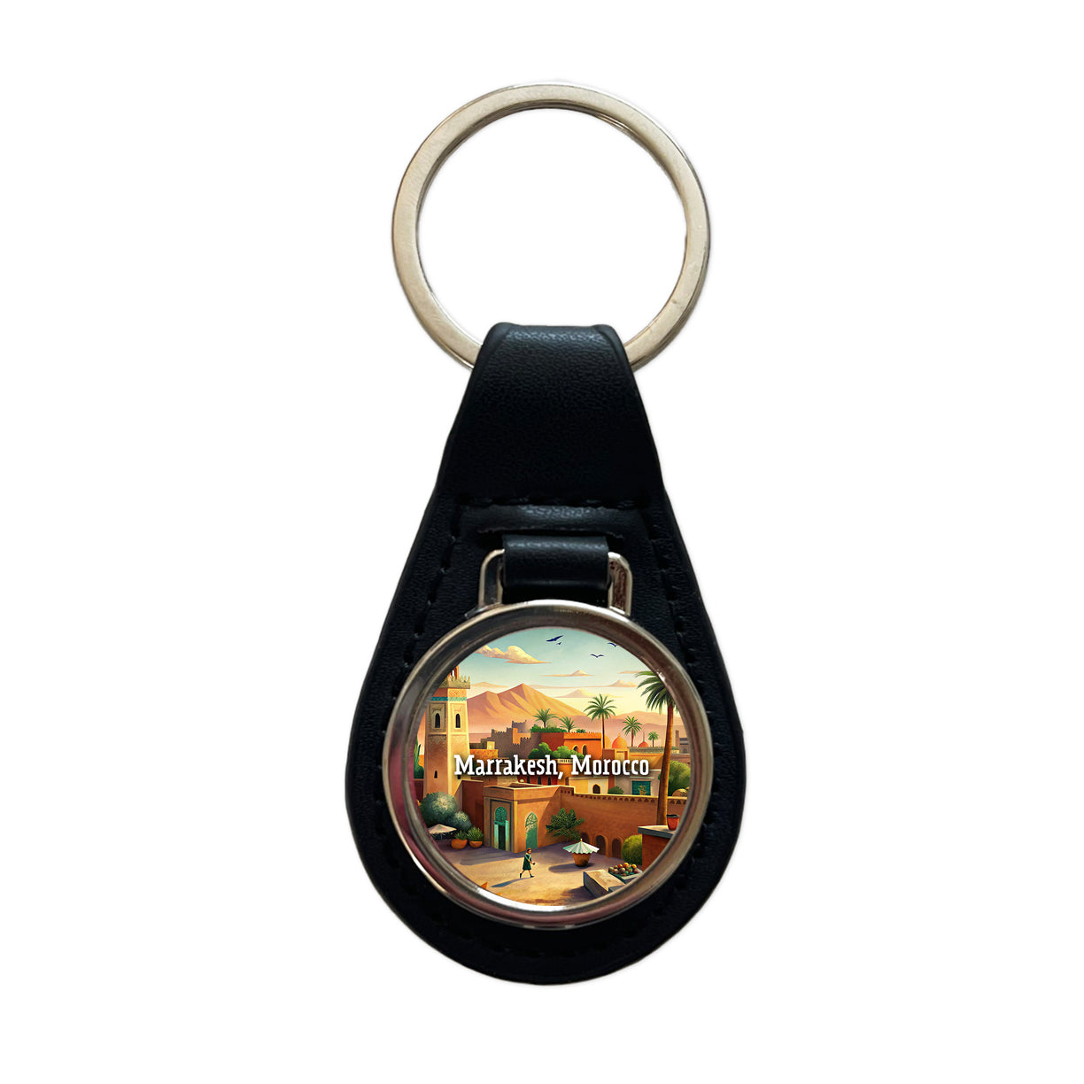 Marrakesh, Morocco Travel City Country Stamp Black Leather Metal Keychain