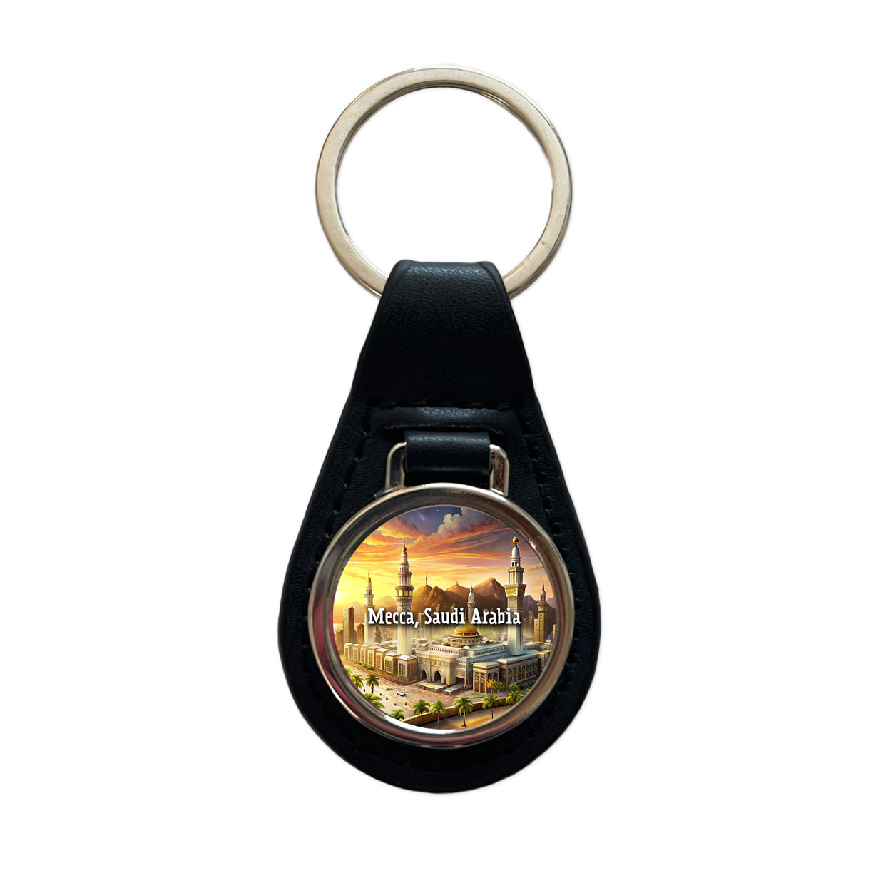 Mecca, Saudi Arabia Travel City Country Stamp Black Leather Metal Keychain