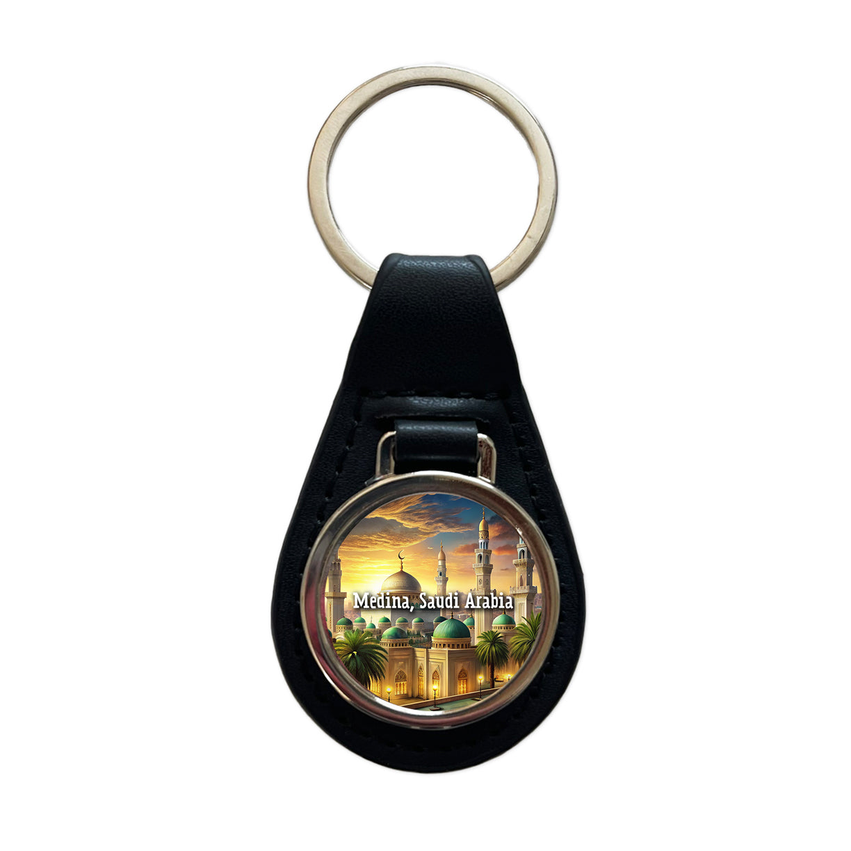 Medina, Saudi Arabia Travel City Country Stamp Black Leather Metal Keychain