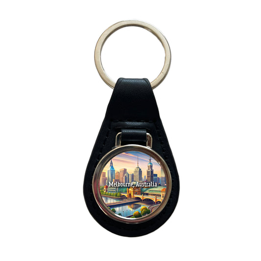 Melbourne, Australia Travel City Country Stamp Black Leather Metal Keychain