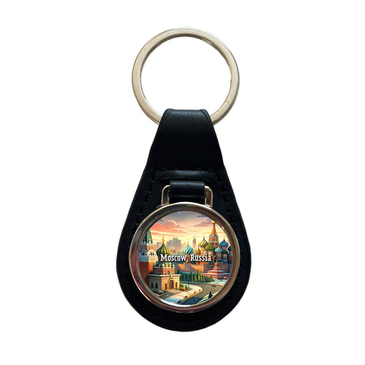 Moscow, Russia Travel City Country Stamp Black Leather Metal Keychain