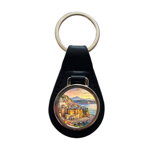 Naples, Italy Travel City Country Stamp Black Leather Metal Keychain