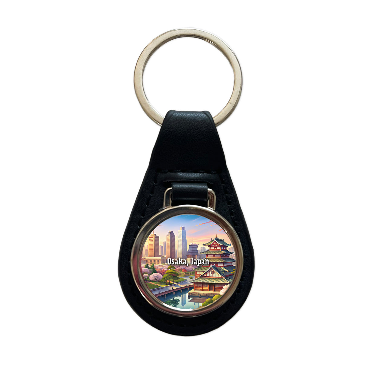 Osaka, Japan Travel City Country Stamp Black Leather Metal Keychain