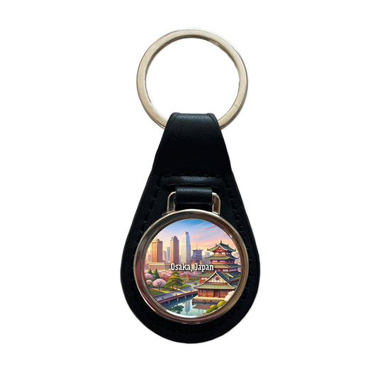 Osaka, Japan Travel City Country Stamp Black Leather Metal Keychain