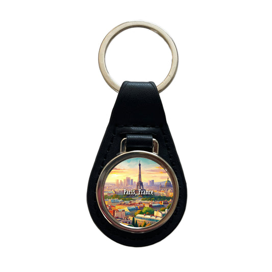 Paris, France Travel City Country Stamp Black Leather Metal Keychain