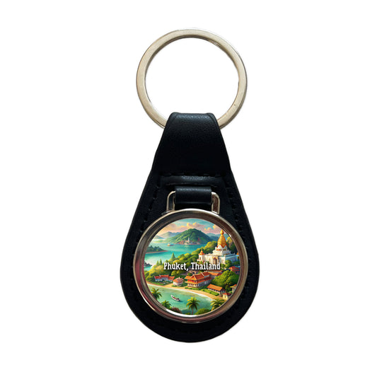 Phuket, Thailand Travel City Country Stamp Black Leather Metal Keychain