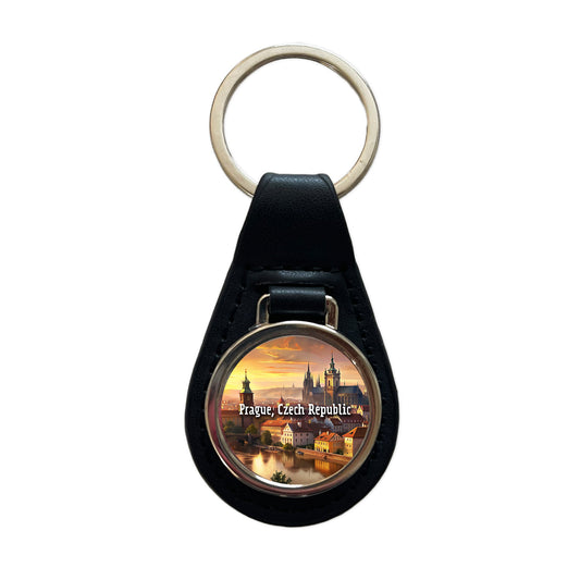 Prague, Czech Republic Travel City Country Stamp Black Leather Metal Keychain