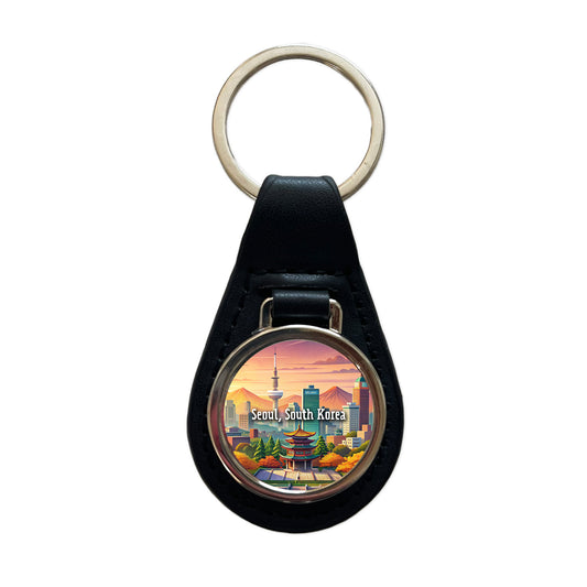 Seoul, South Korea Travel City Country Stamp Black Leather Metal Keychain
