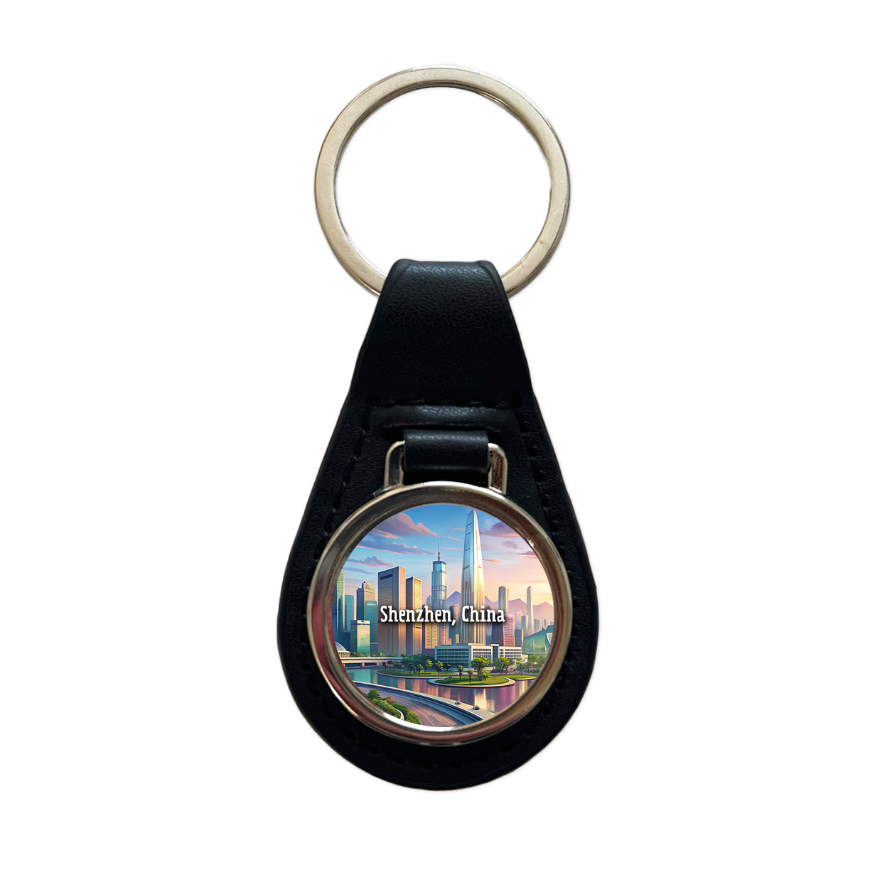Shenzhen, China Travel City Country Stamp Black Leather Metal Keychain