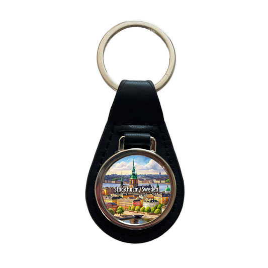 Stockholm, Sweden Travel City Country Stamp Black Leather Metal Keychain