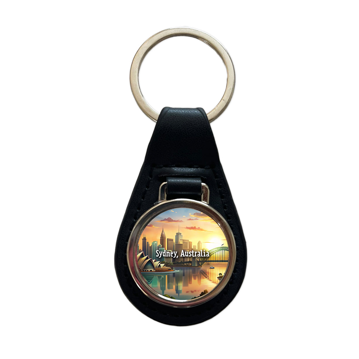 Sydney, Australia Travel City Country Stamp Black Leather Metal Keychain