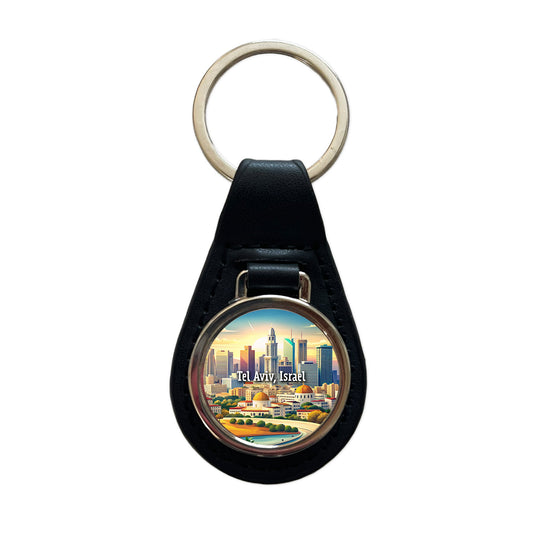 Tel Aviv, Israel Travel City Country Stamp Black Leather Metal Keychain