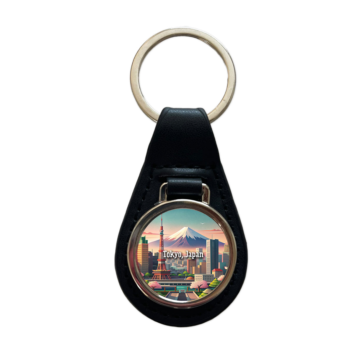 Tokyo, Japan Travel City Country Stamp Black Leather Metal Keychain