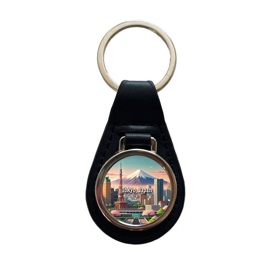 Tokyo, Japan Travel City Country Stamp Black Leather Metal Keychain