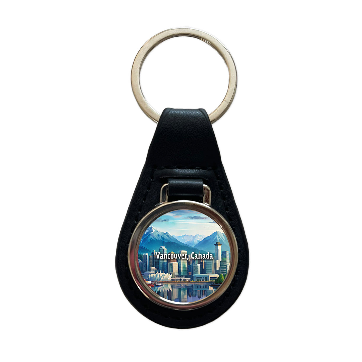 Vancouver, Canada Travel City Country Stamp Black Leather Metal Keychain