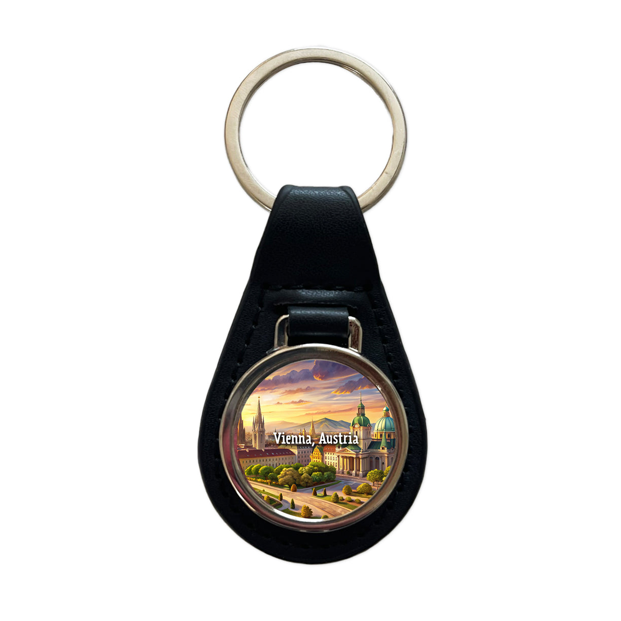 Vienna, Austria Travel City Country Stamp Black Leather Metal Keychain