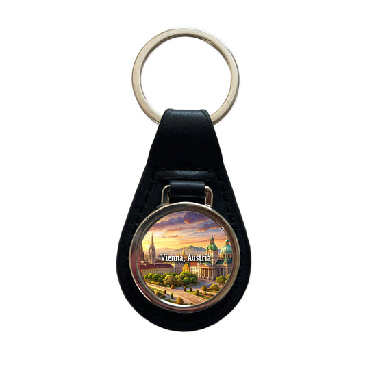 Vienna, Austria Travel City Country Stamp Black Leather Metal Keychain