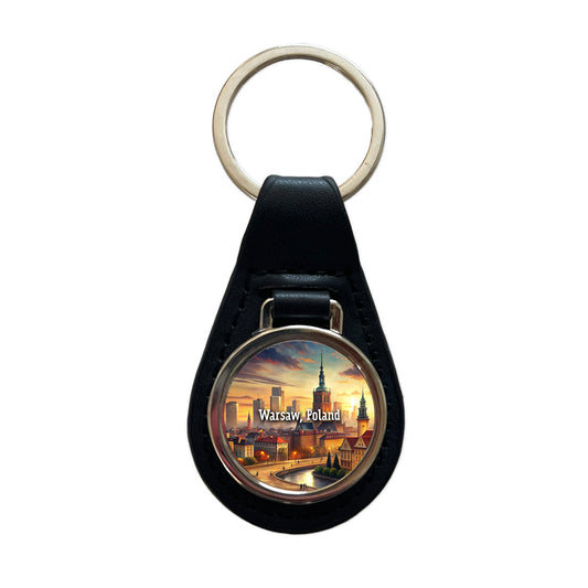 Warsaw, Poland Travel City Country Stamp Black Leather Metal Keychain