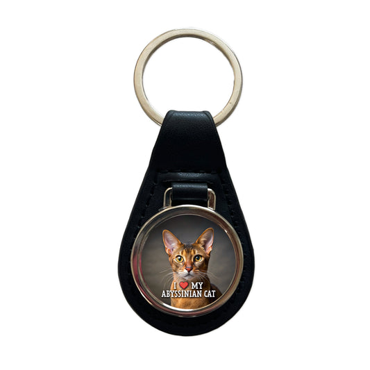 I Love My Abyssinian Cat Heart Black Leather Metal Keychain
