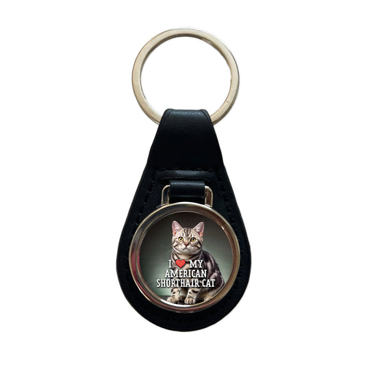 I Love My American Shorthair Cat Heart Black Leather Metal Keychain