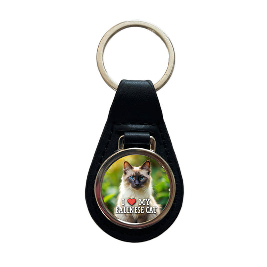 I Love My Balinese Cat Heart Black Leather Metal Keychain