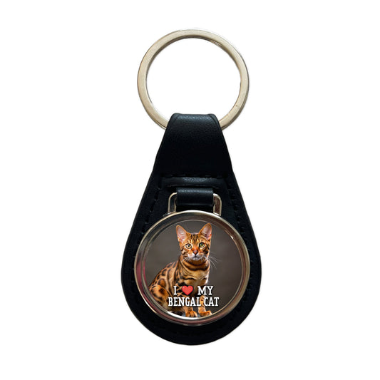 I Love My Bengal Cat Heart Black Leather Metal Keychain