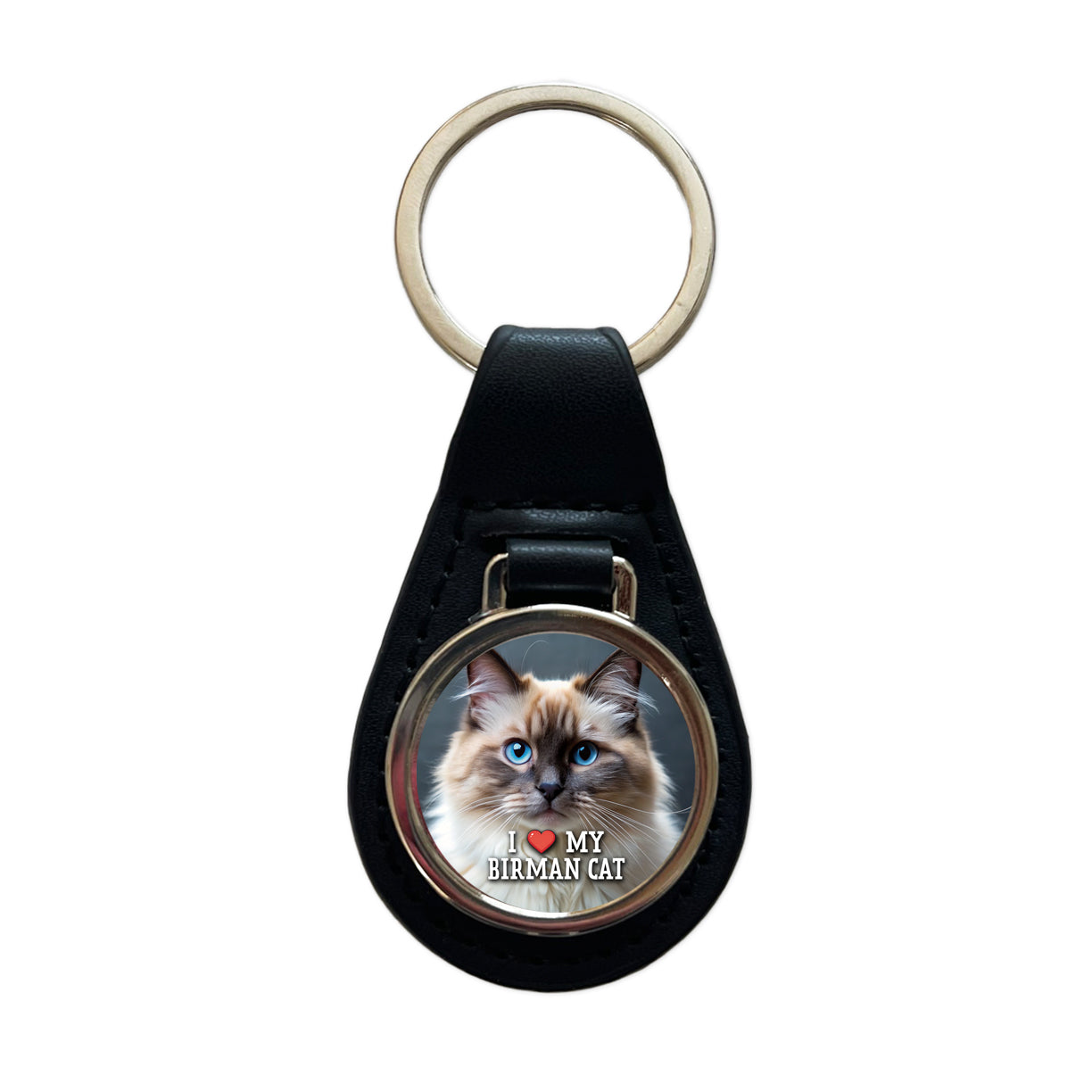 I Love My Birman Cat Heart Black Leather Metal Keychain