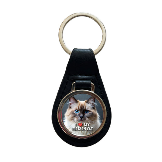I Love My Birman Cat Heart Black Leather Metal Keychain