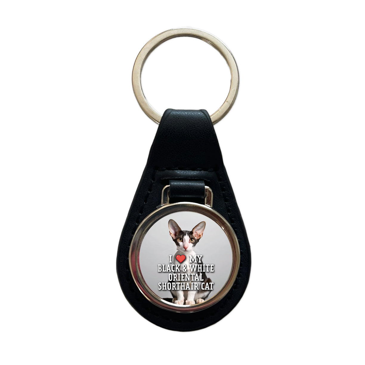 I Love My Black & White Oriental Shorthair Cat Heart Black Leather Metal Keychain