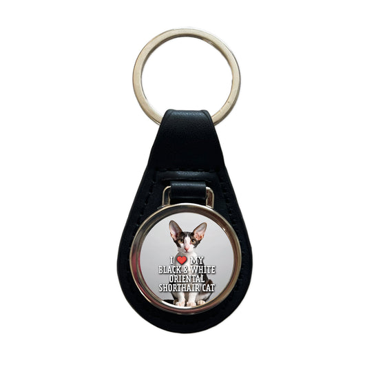 I Love My Black & White Oriental Shorthair Cat Heart Black Leather Metal Keychain