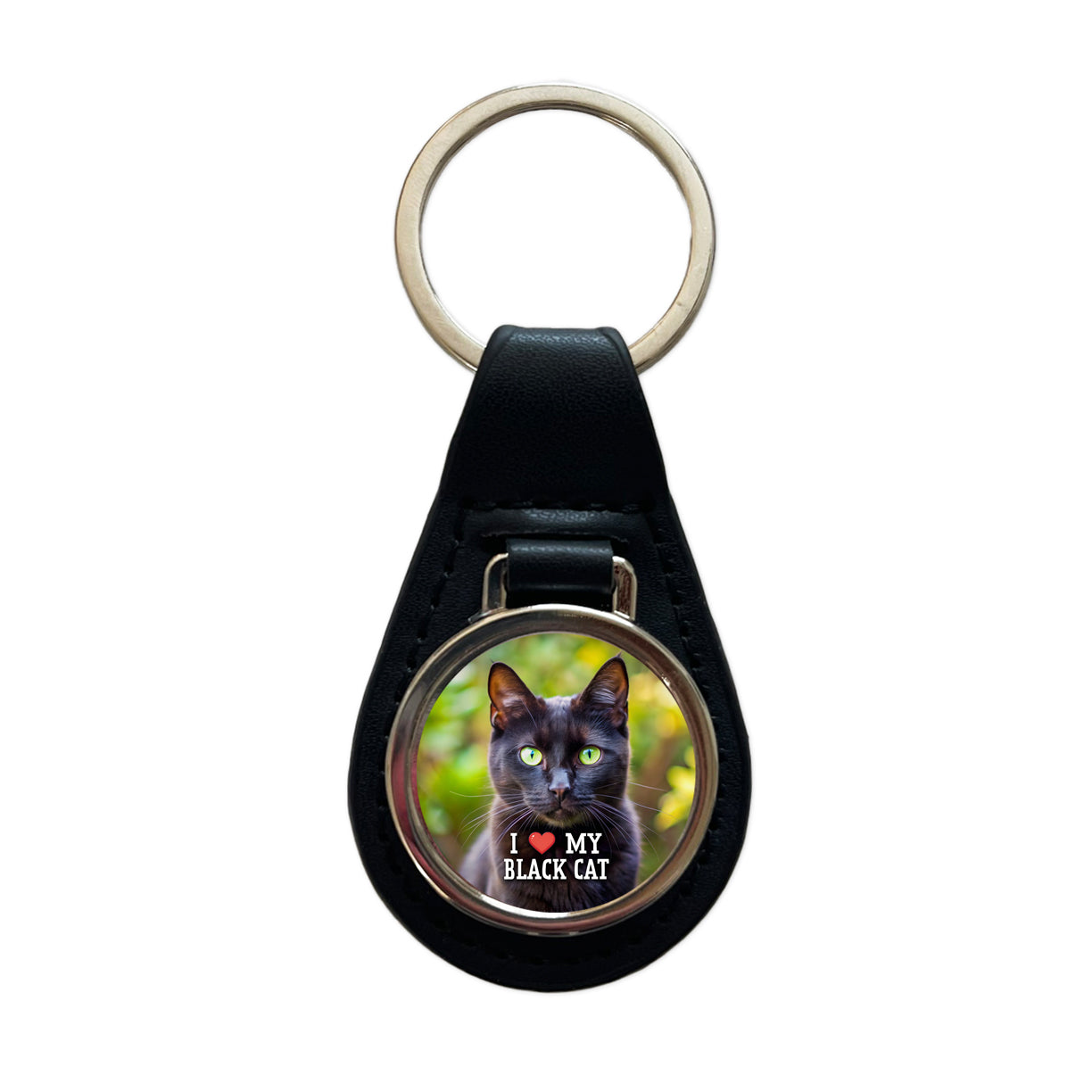 I Love My Black Cat Heart Black Leather Metal Keychain